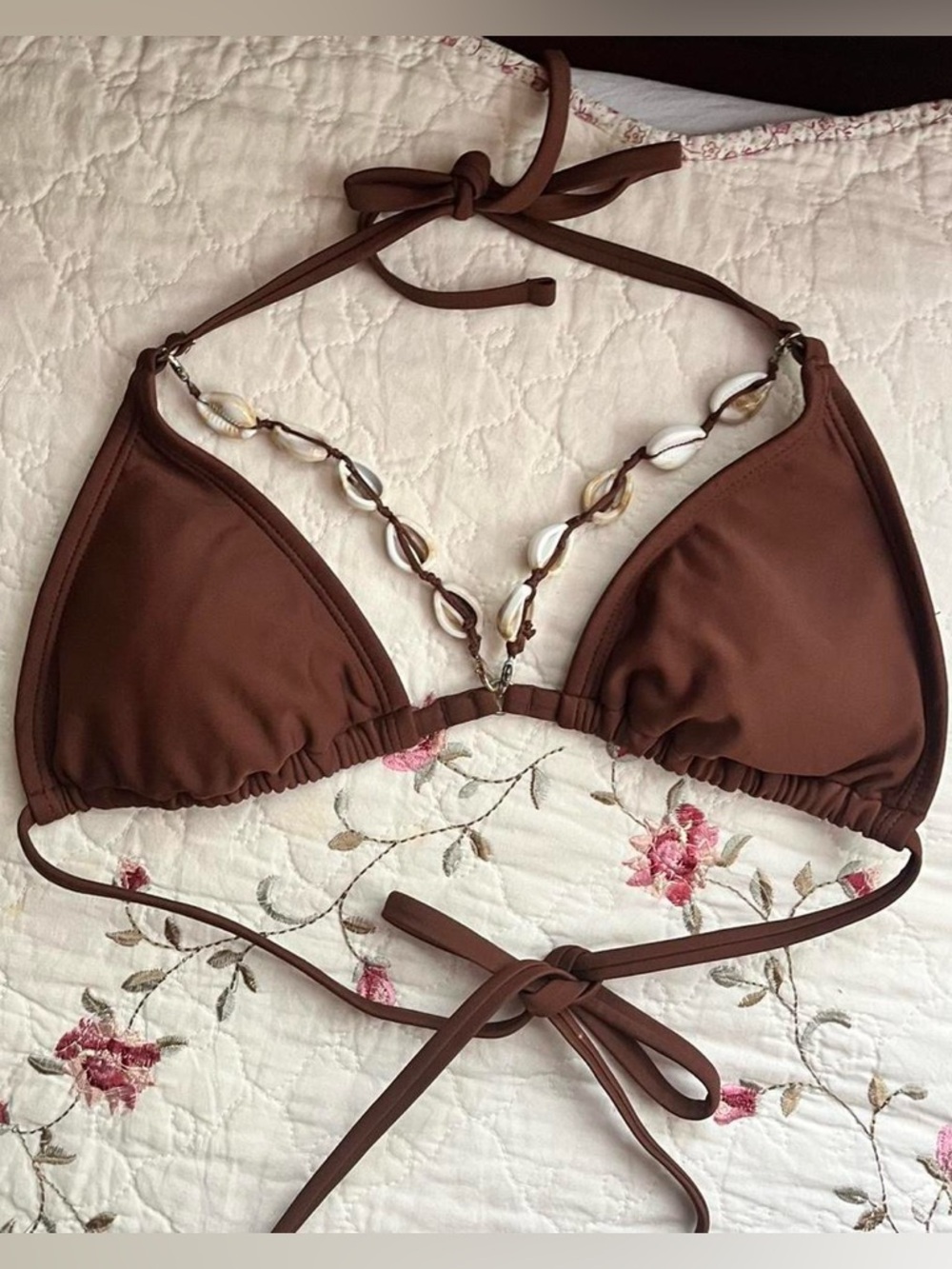 Women’s Brown Shell-Trim Triangle Bikini Top